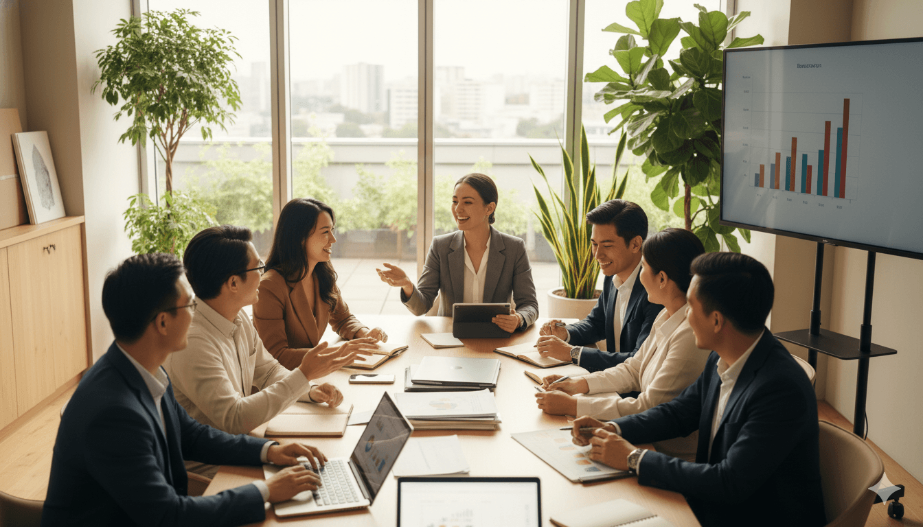 多国籍チームの活気ある会議風景