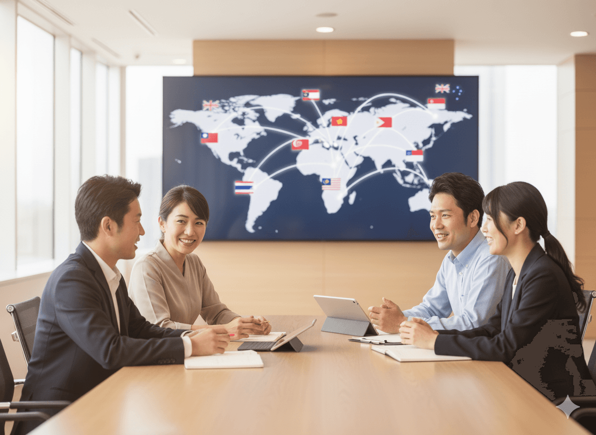 多様な国際人材と日本人スタッフの協力的な会議風景